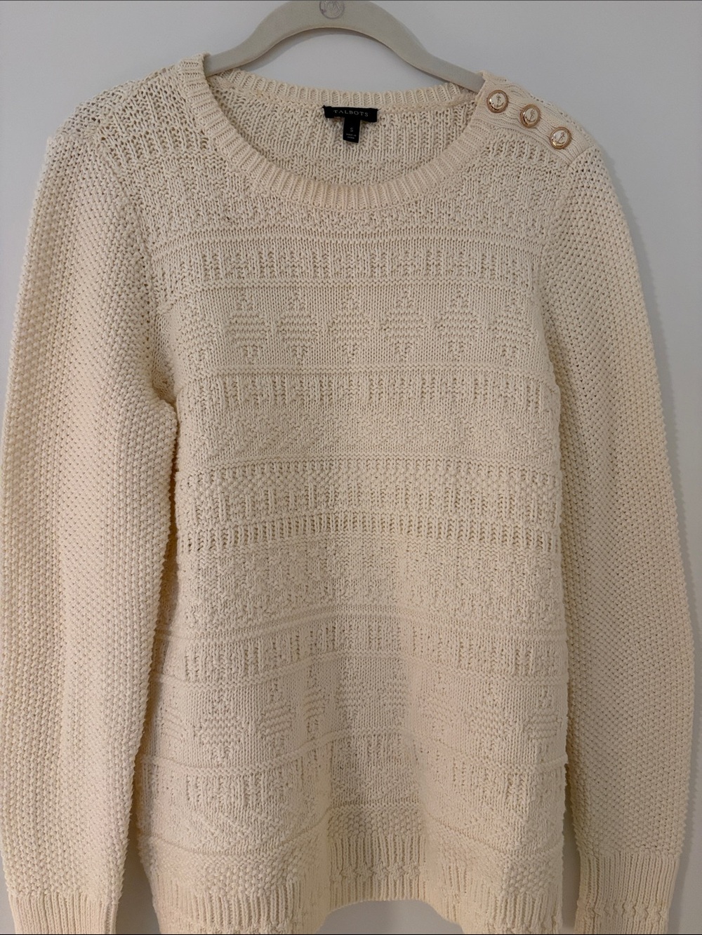 Talbots Cream Textured Crewneck Sweater with Shoulder Buttons